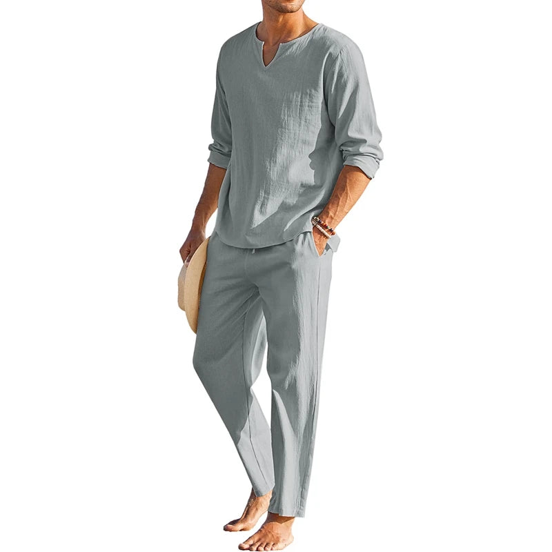 Mens Summer Cotton Linen Henley Shirt And Elastic Waist Pants 2 Piece Set