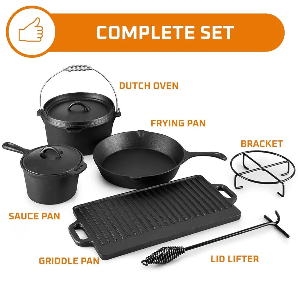 7-Piece Preseasoned Cast Iron Cookware Set With Dutch Oven Lids