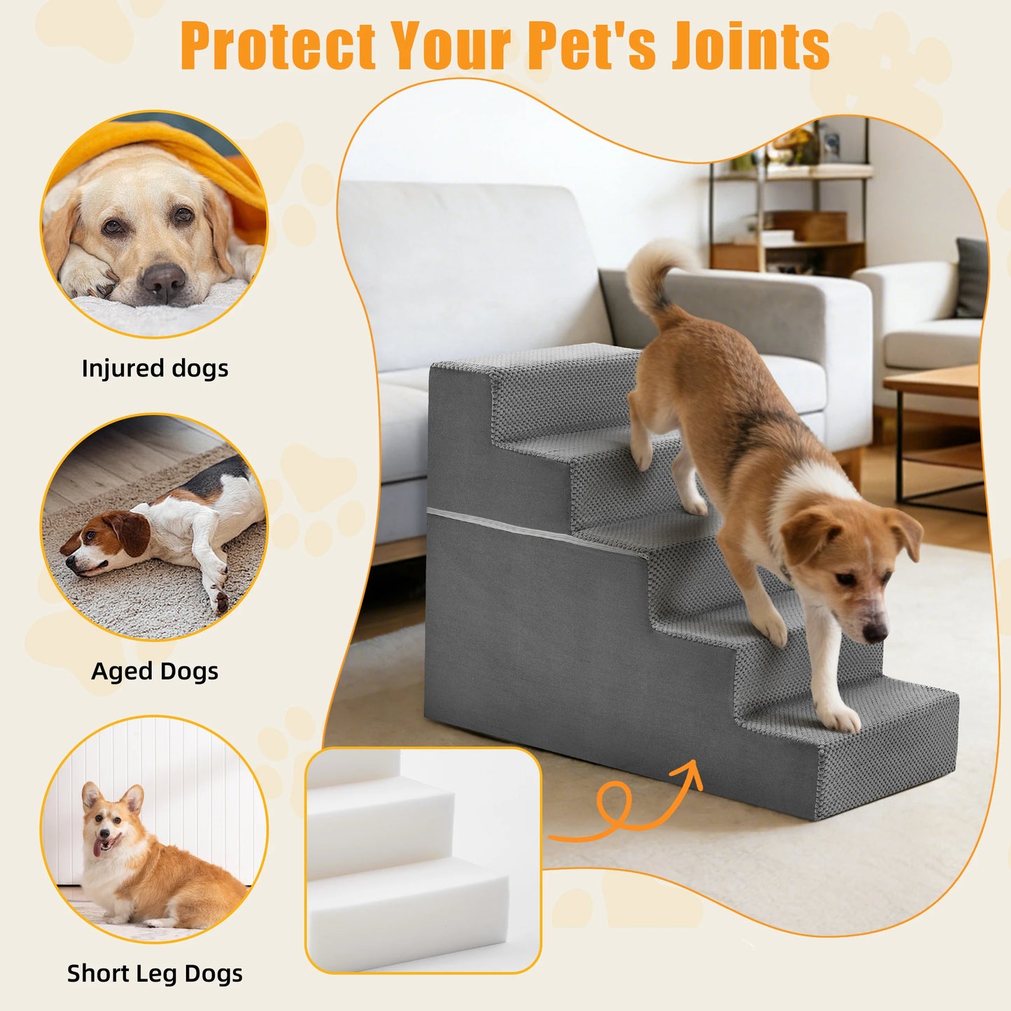 Durable Foam Dog Staircase 3 to 5 Step Right Angled
