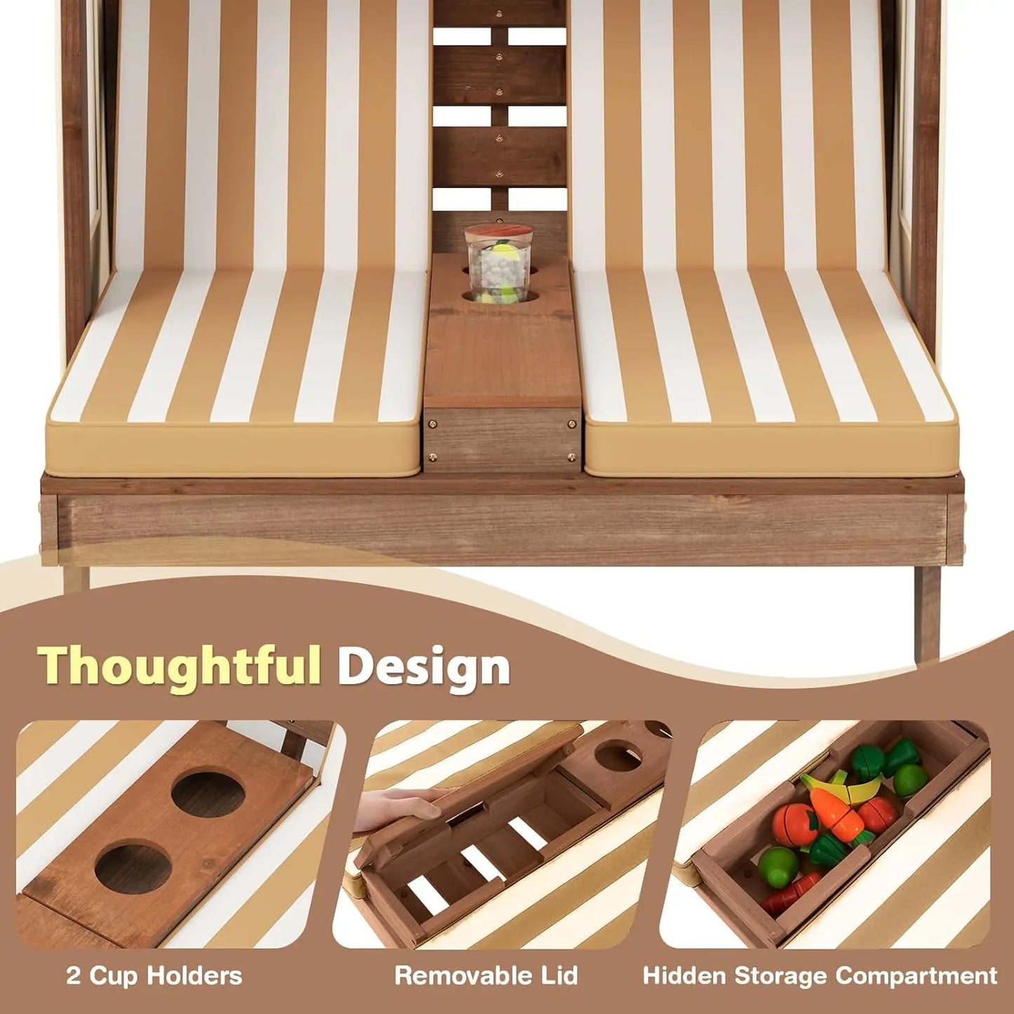 Wood Double Chaise Canopy Outdoor Kids Cup Holder Lounge