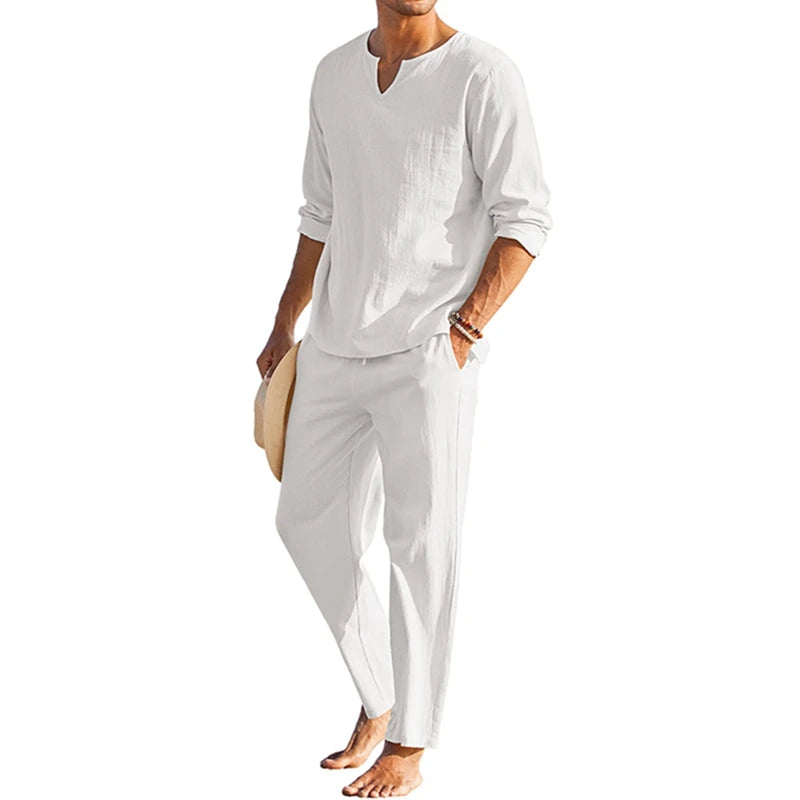 Mens Summer Cotton Linen Henley Shirt And Elastic Waist Pants 2 Piece Set