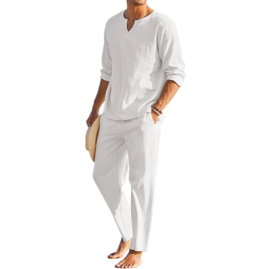 Mens Summer Cotton Linen Henley Shirt And Elastic Waist Pants 2 Piece Set