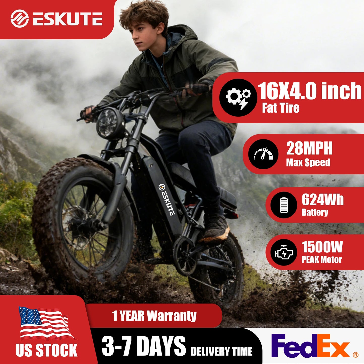Eskute V100 Electric Bike 1500W Peak 28 MPH Dual Suspension