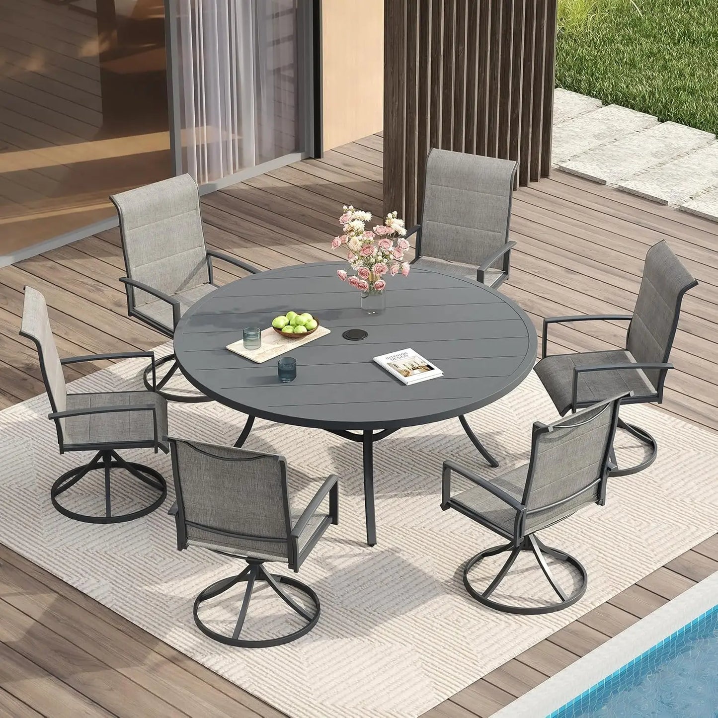 Outdoor Patio Dining Set With Round Table And Swivel Chairs