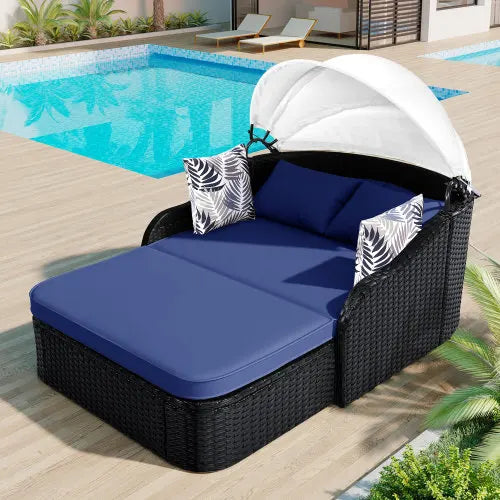 Outdoor Sunbathing Bed With Adjustable Canopy And Double Lounge