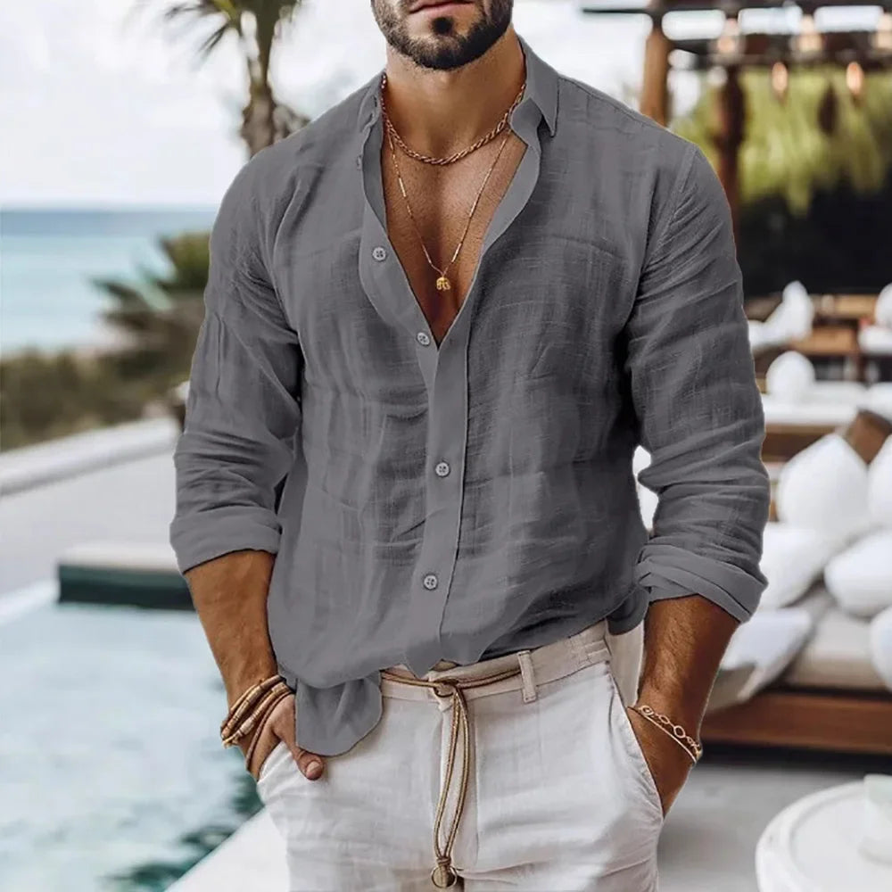 Men's Cotton Linen Shirt Single Breasted Breathable Lightweight