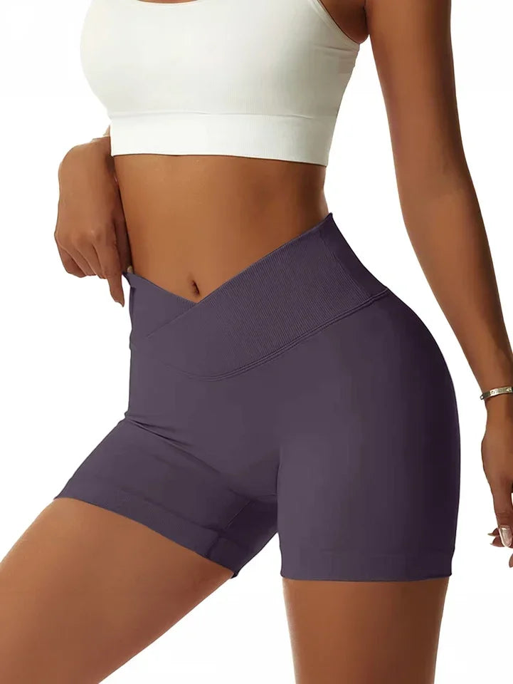 Women's Cross Waist High Waisted Ribbed Biker Shorts Running Gym