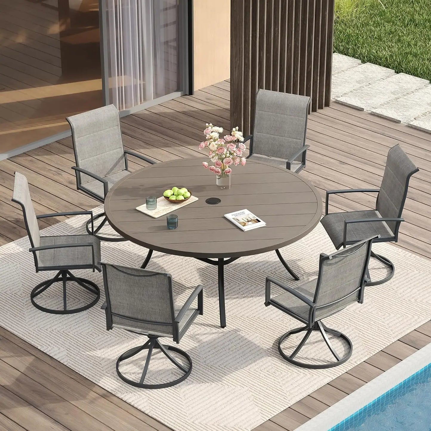 Outdoor Patio Dining Set With Round Table And Swivel Chairs