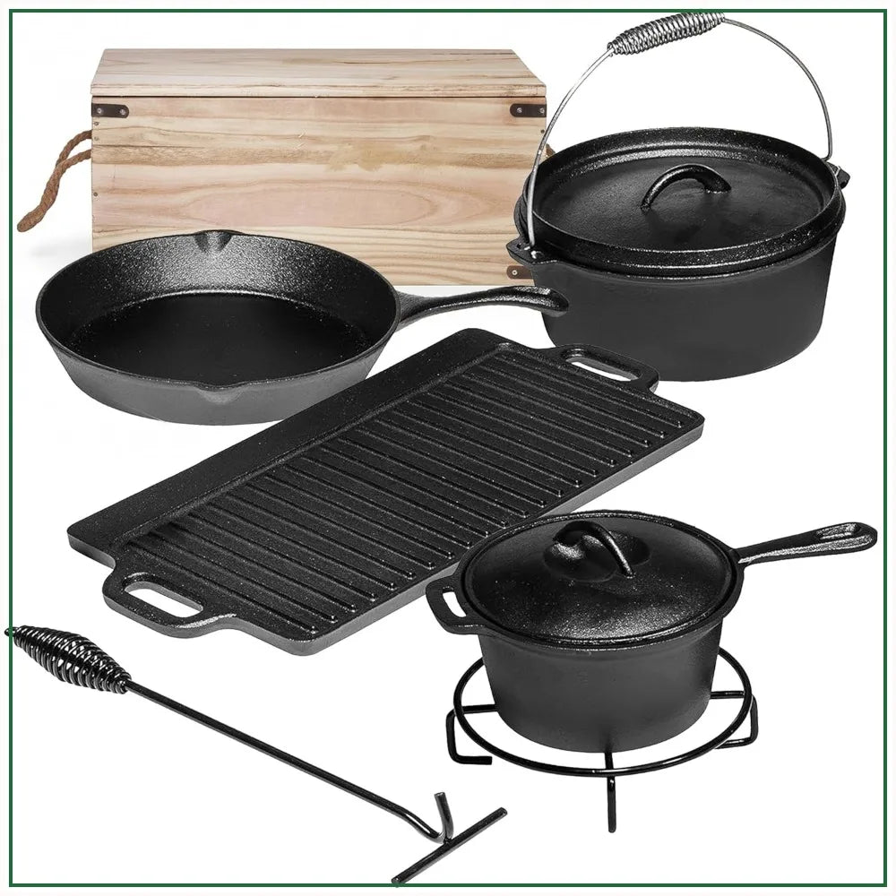 7-Piece Preseasoned Cast Iron Cookware Set With Dutch Oven Lids