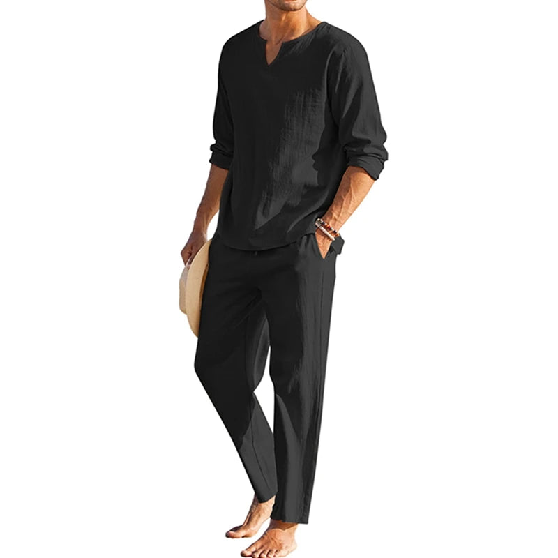 Mens Summer Cotton Linen Henley Shirt And Elastic Waist Pants 2 Piece Set