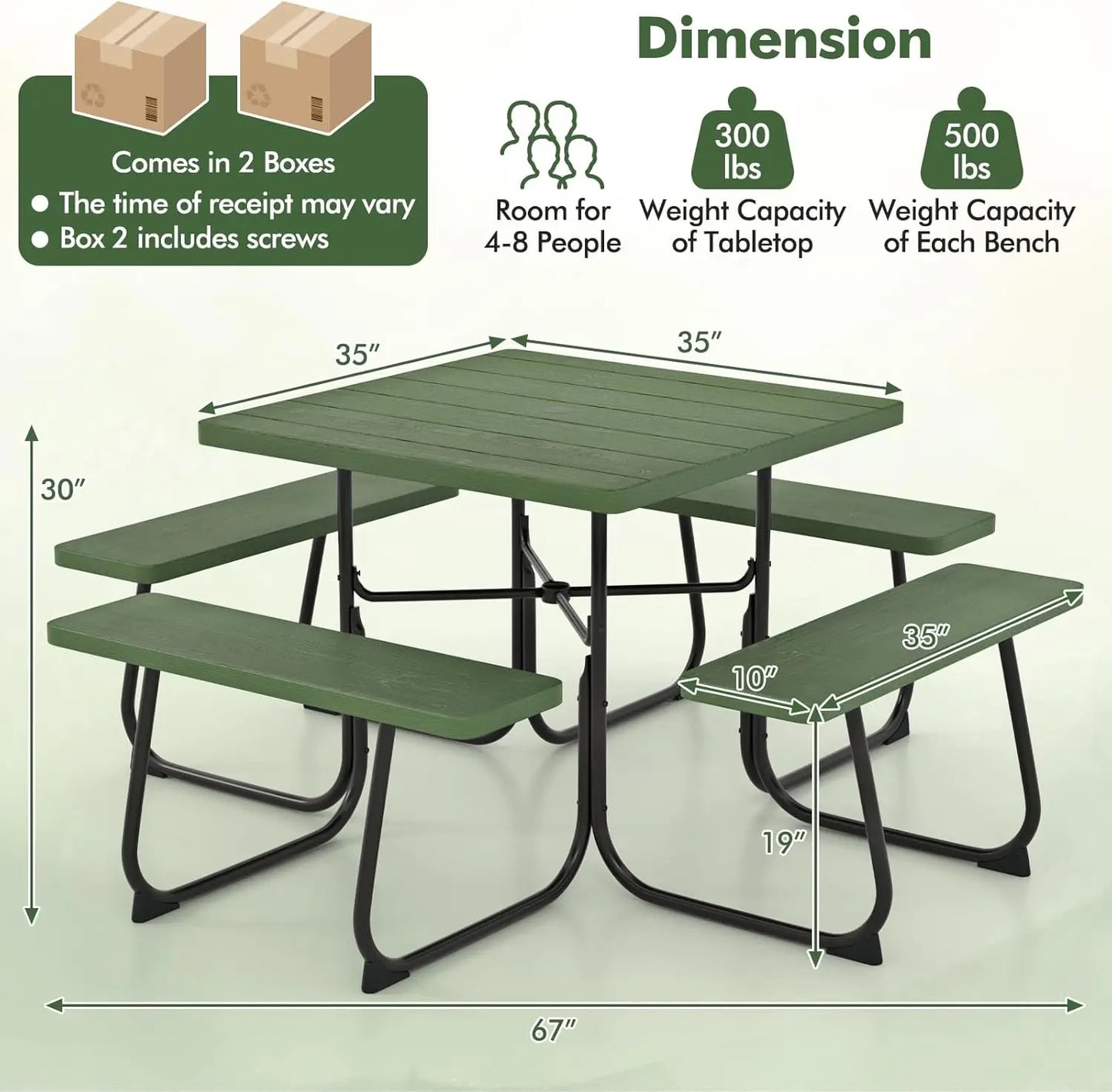 XMSJ Square Picnic Table Bench Set With Umbrella Hole Outdoor Patio