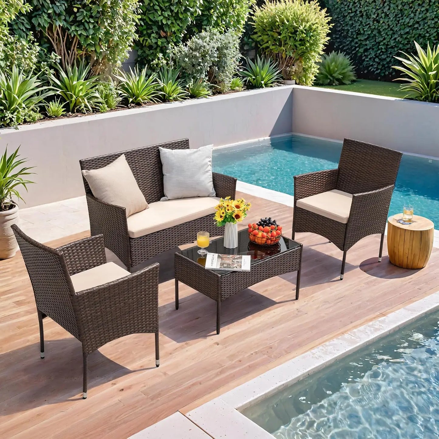 4 Piece Outdoor Patio Furniture Set Rattan Wicker For Backyard