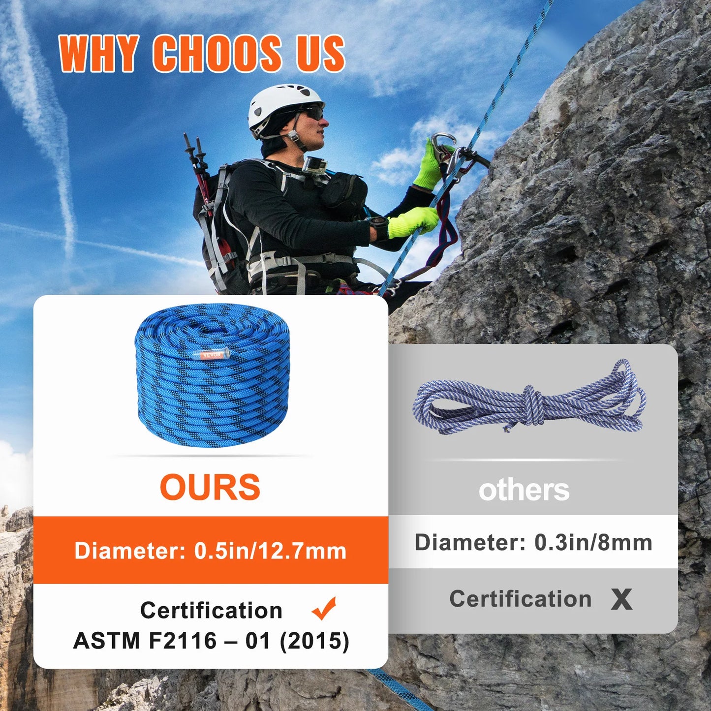 VEVOR Static Climbing Rope 30 KN Break Strength Steel Hooks
