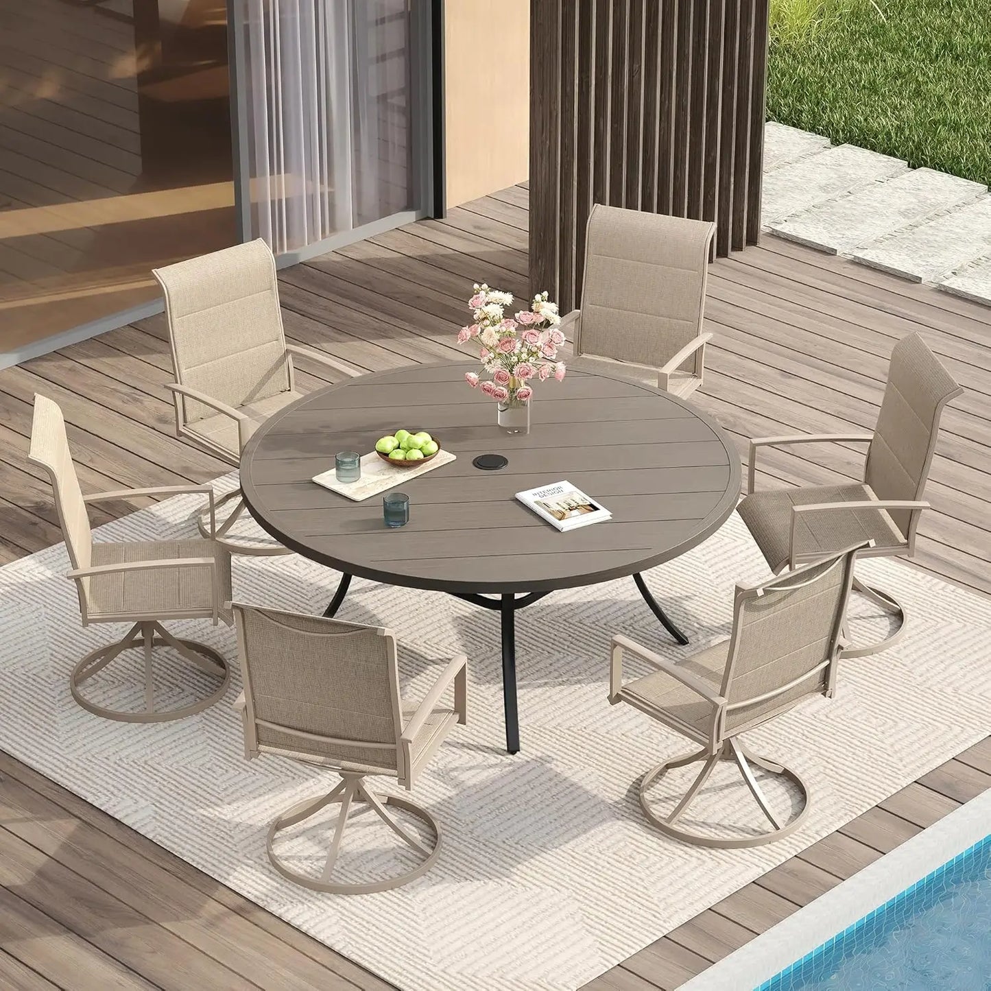 Outdoor Patio Dining Set With Round Table And Swivel Chairs