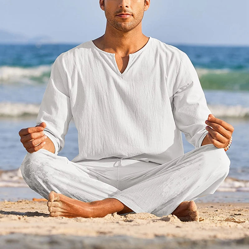 Mens Summer Cotton Linen Henley Shirt And Elastic Waist Pants 2 Piece Set