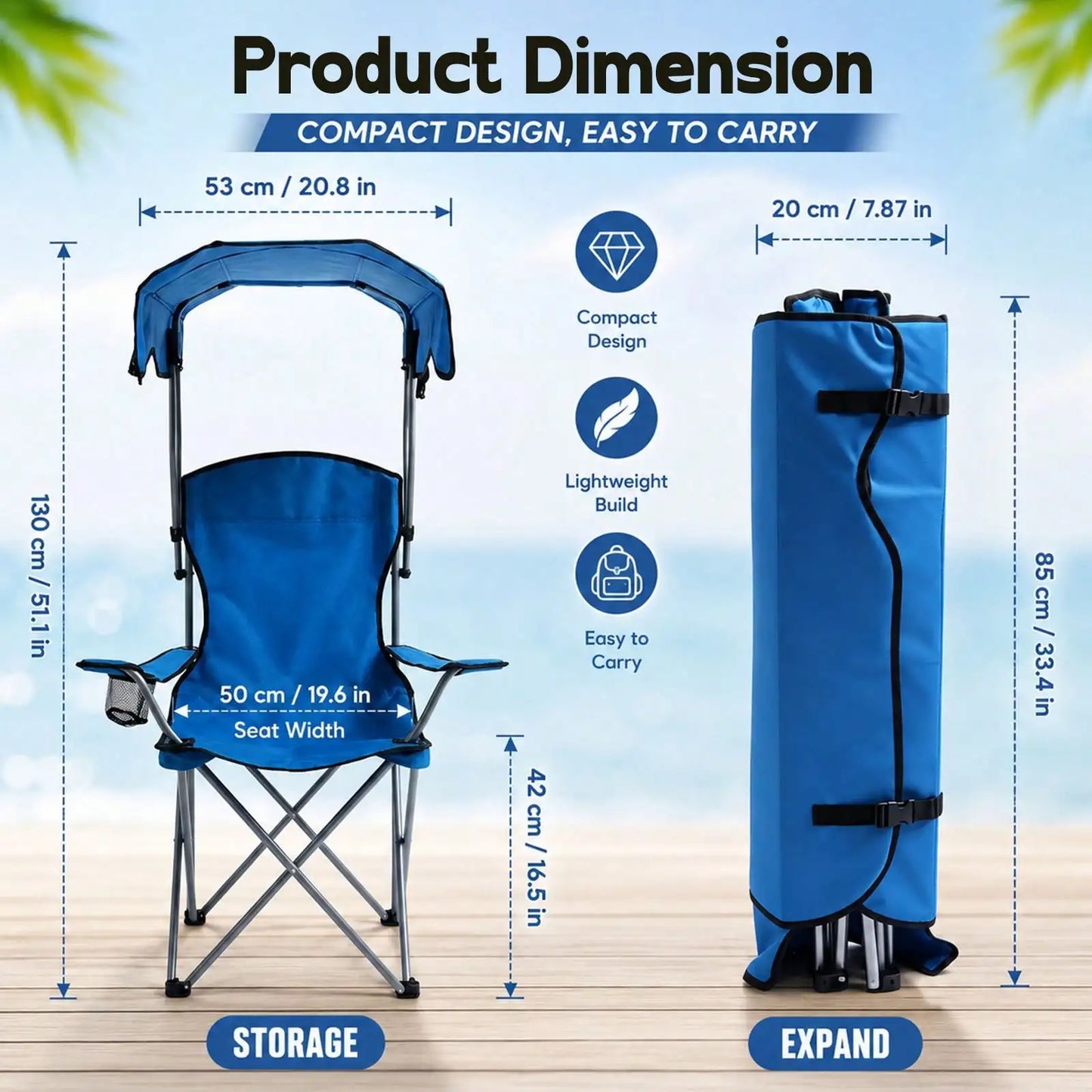 Portable Outdoor Folding Camping Chair With Adjustable Canopy Cup Holder