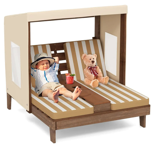 Wood Double Chaise Canopy Outdoor Kids Cup Holder Lounge