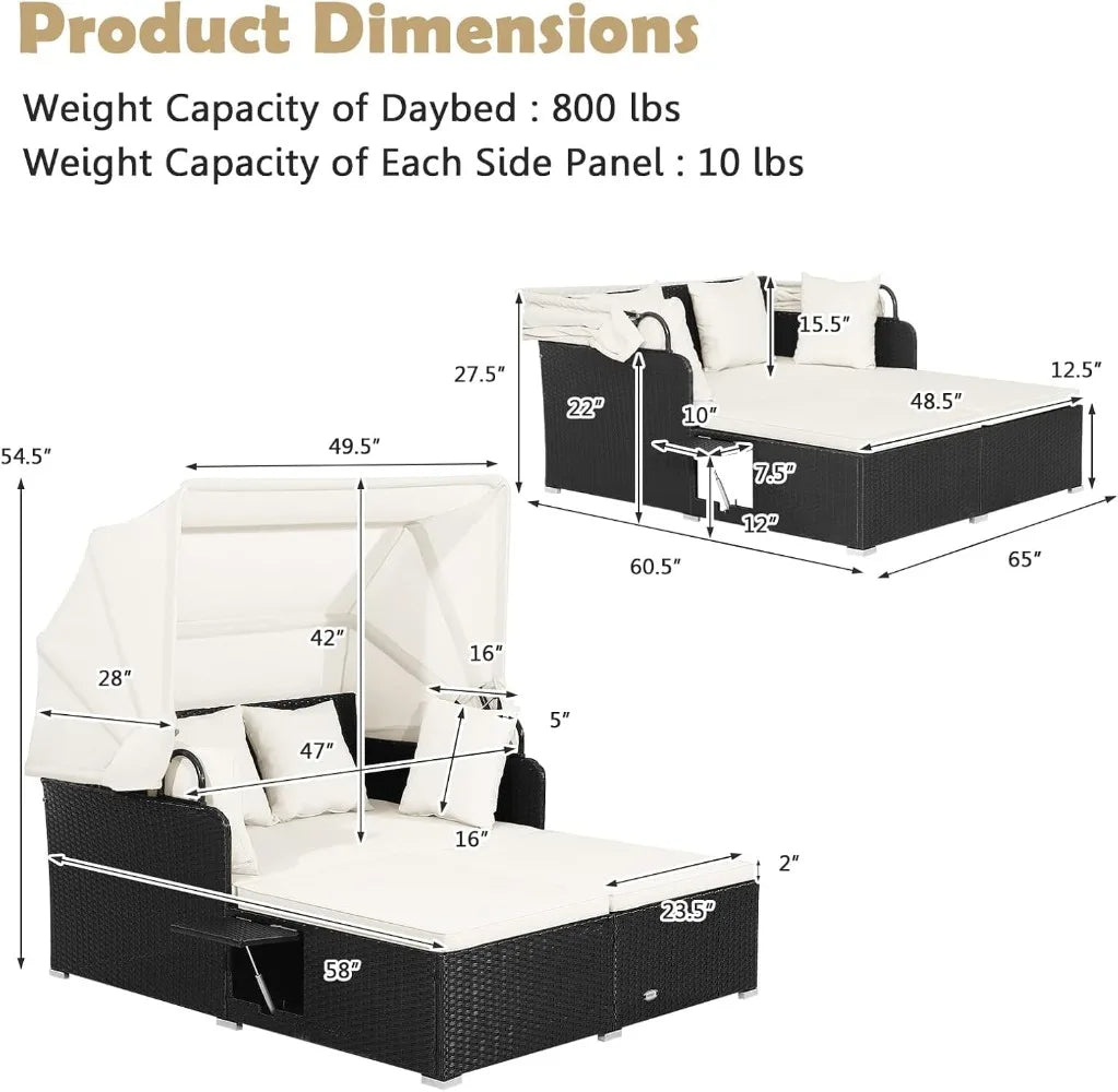 XMSJ Patio Rattan Daybed With Retractable Canopy And Side Tables