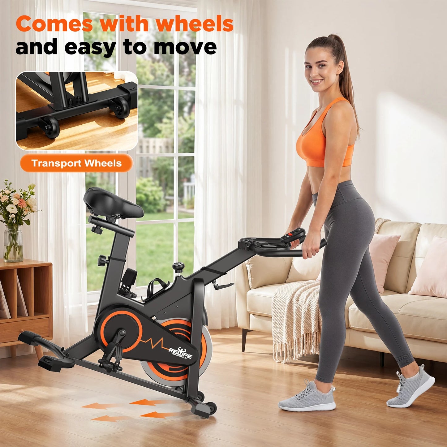 Relife Silent Belt Drive Stationary Bike With LCD Monitor Tablet Holder
