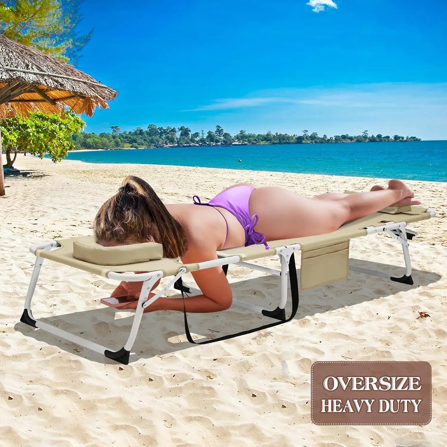 Heavy Duty XXL Tanning Chair With Face Hole And Mat Five Position Folding Lounge