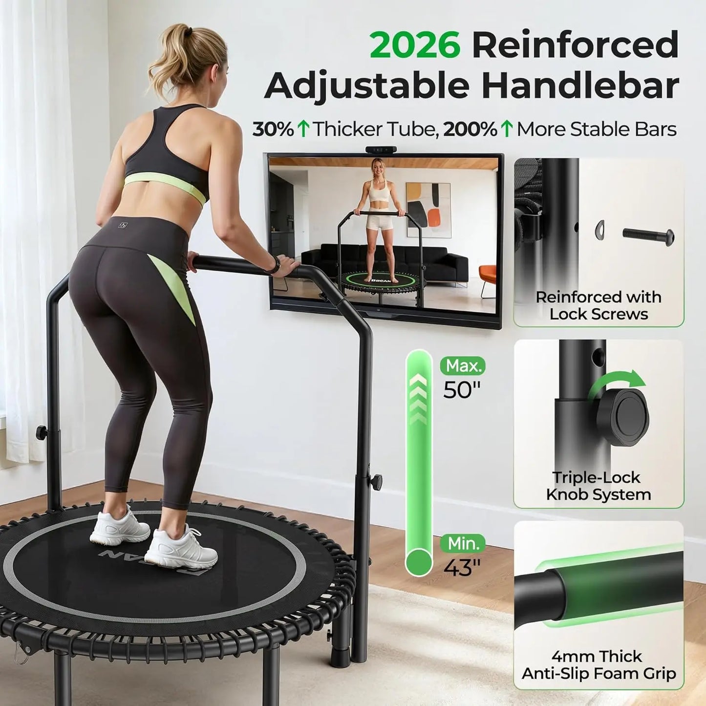 BCAN 450LBS Mini Rebounder Trampoline With Adjustable Handle
