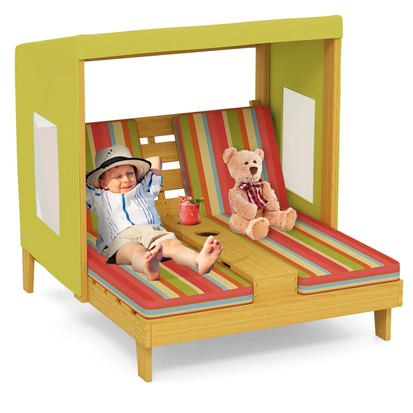 Wood Double Chaise Canopy Outdoor Kids Cup Holder Lounge