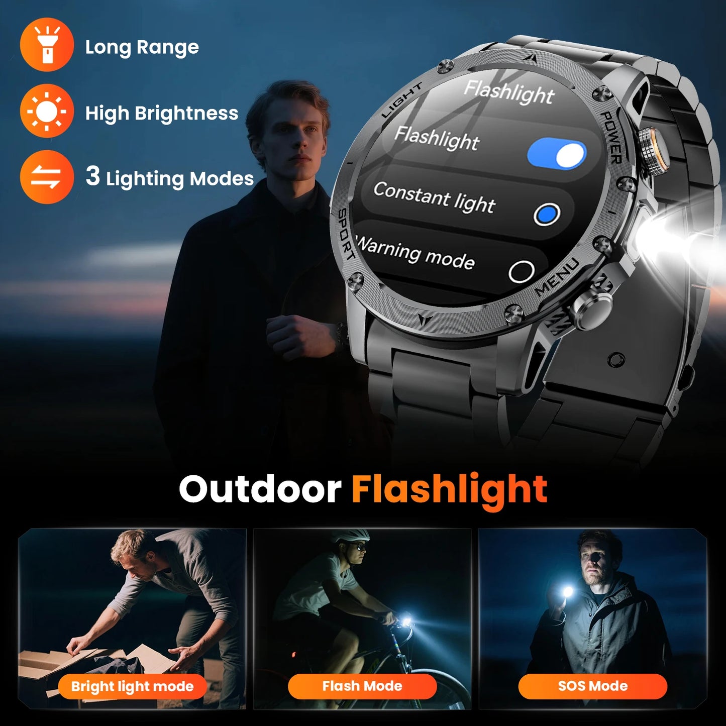 Military Style Smartwatch For Men With 100 Sports Modes Waterproof