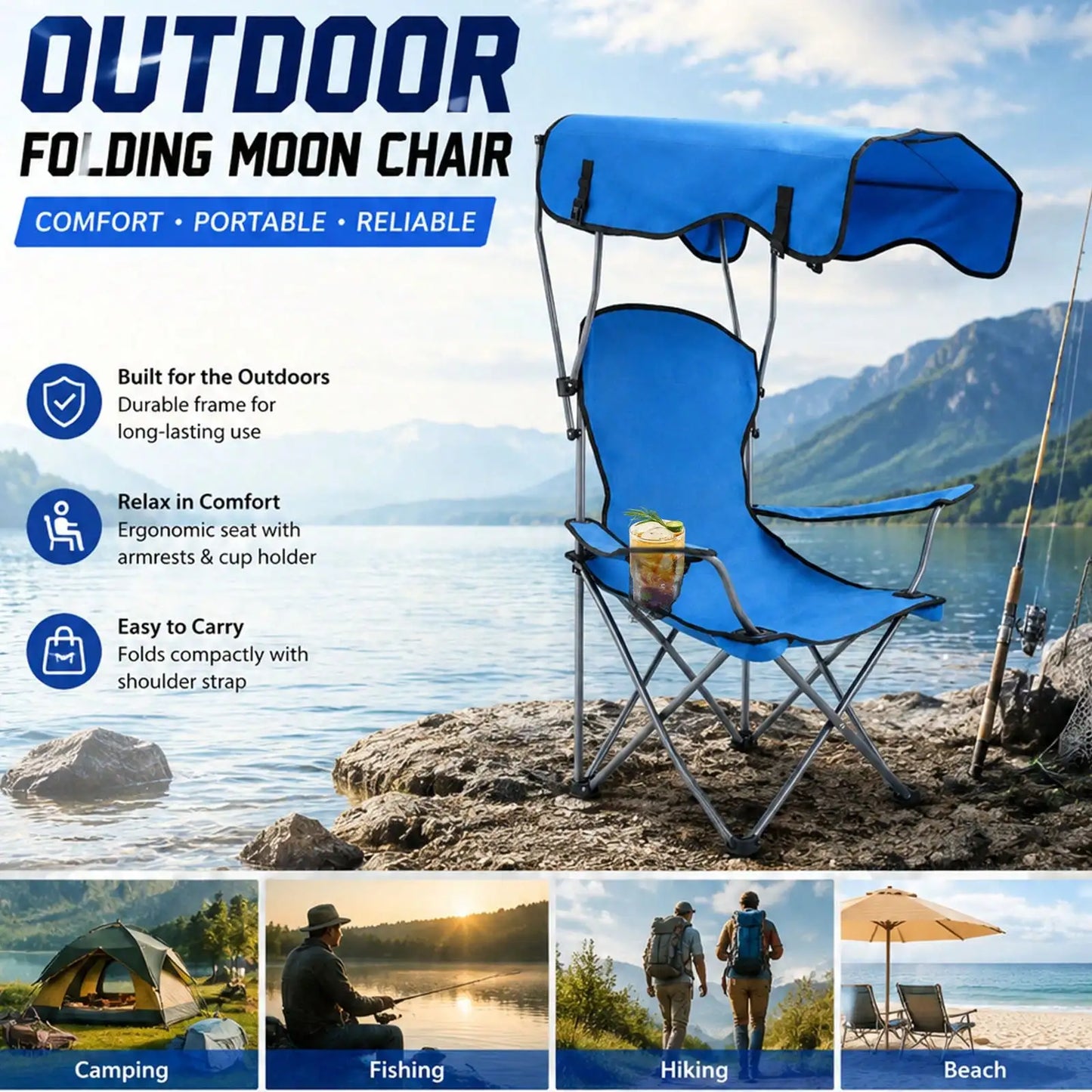 Portable Outdoor Folding Camping Chair With Adjustable Canopy Cup Holder