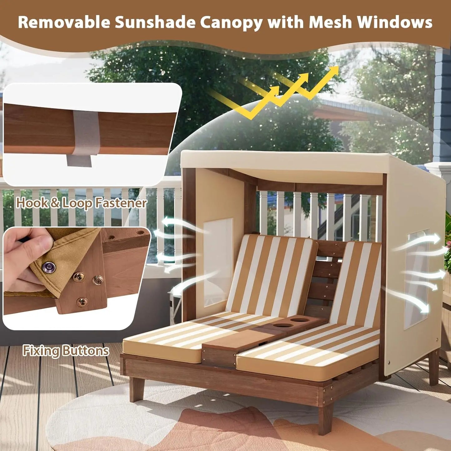 Wood Double Chaise Canopy Outdoor Kids Cup Holder Lounge
