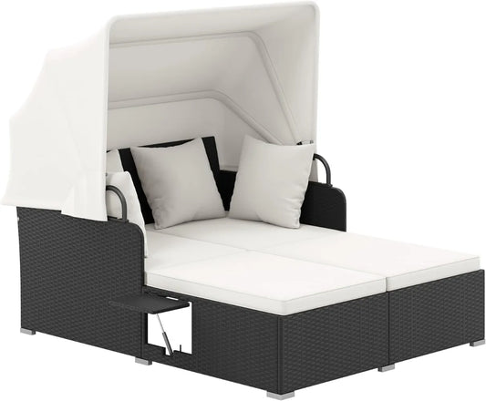 XMSJ Patio Rattan Daybed With Retractable Canopy And Side Tables