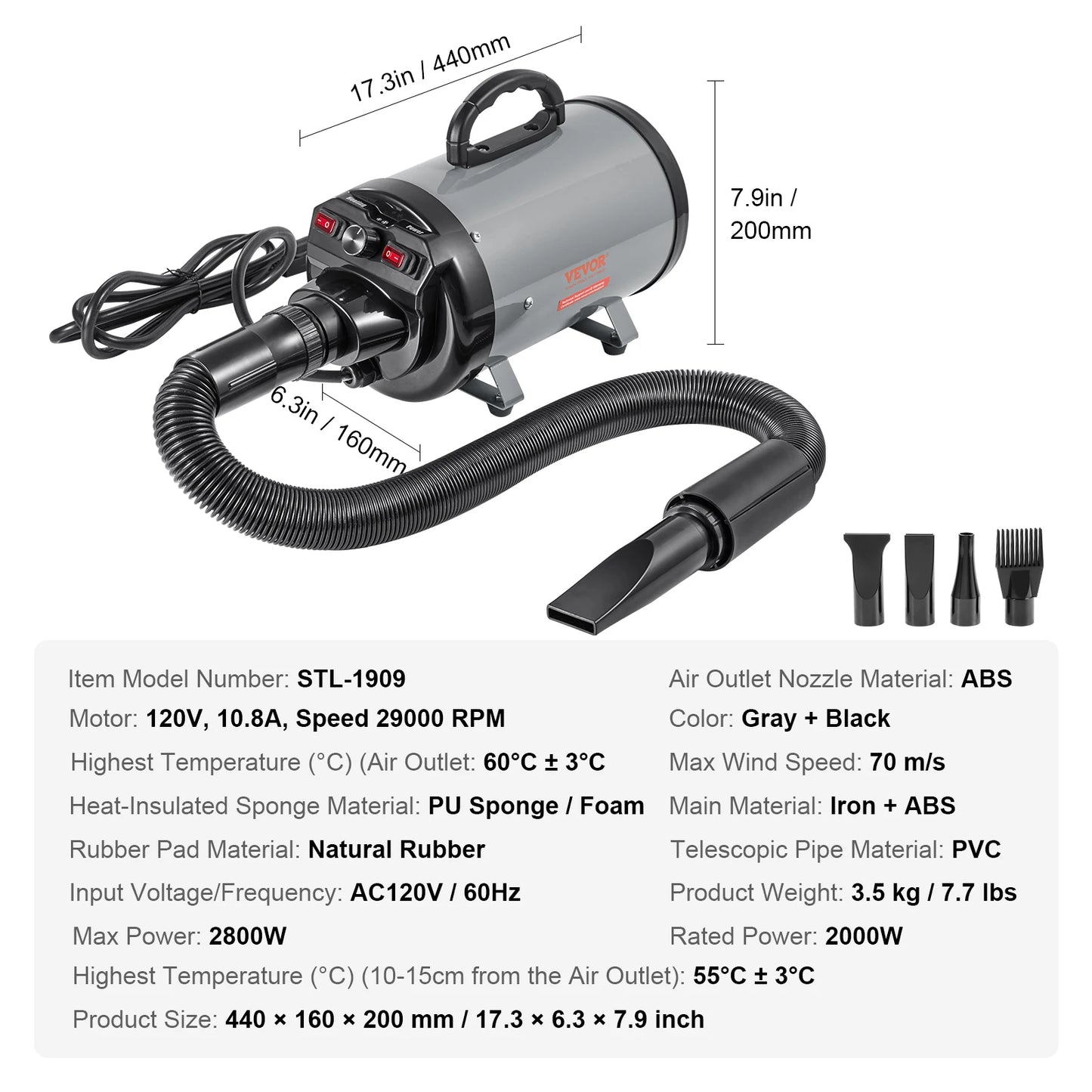 SucceBuy 2000W Dog Blow Dryer With Adjustable Speed And 4 Nozzles