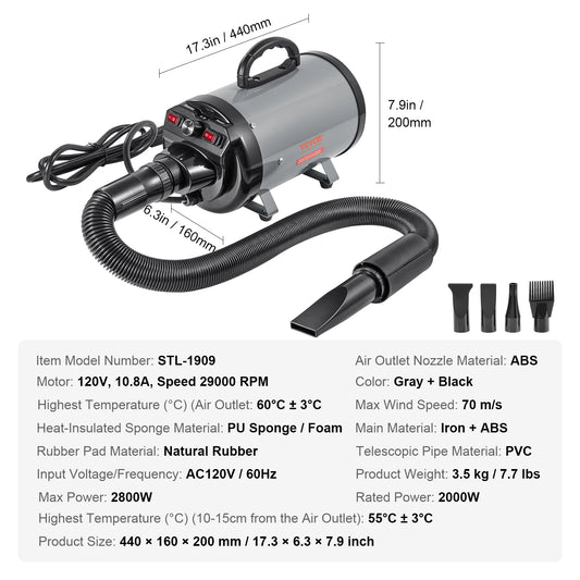 SucceBuy 2000W Dog Blow Dryer With Adjustable Speed And 4 Nozzles
