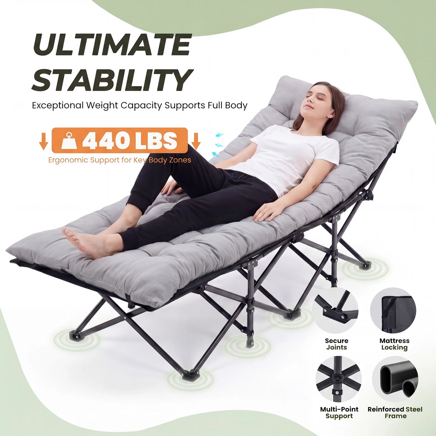 JHK Folding Camping Cot Bed Portable Lounge Chair Outdoor
