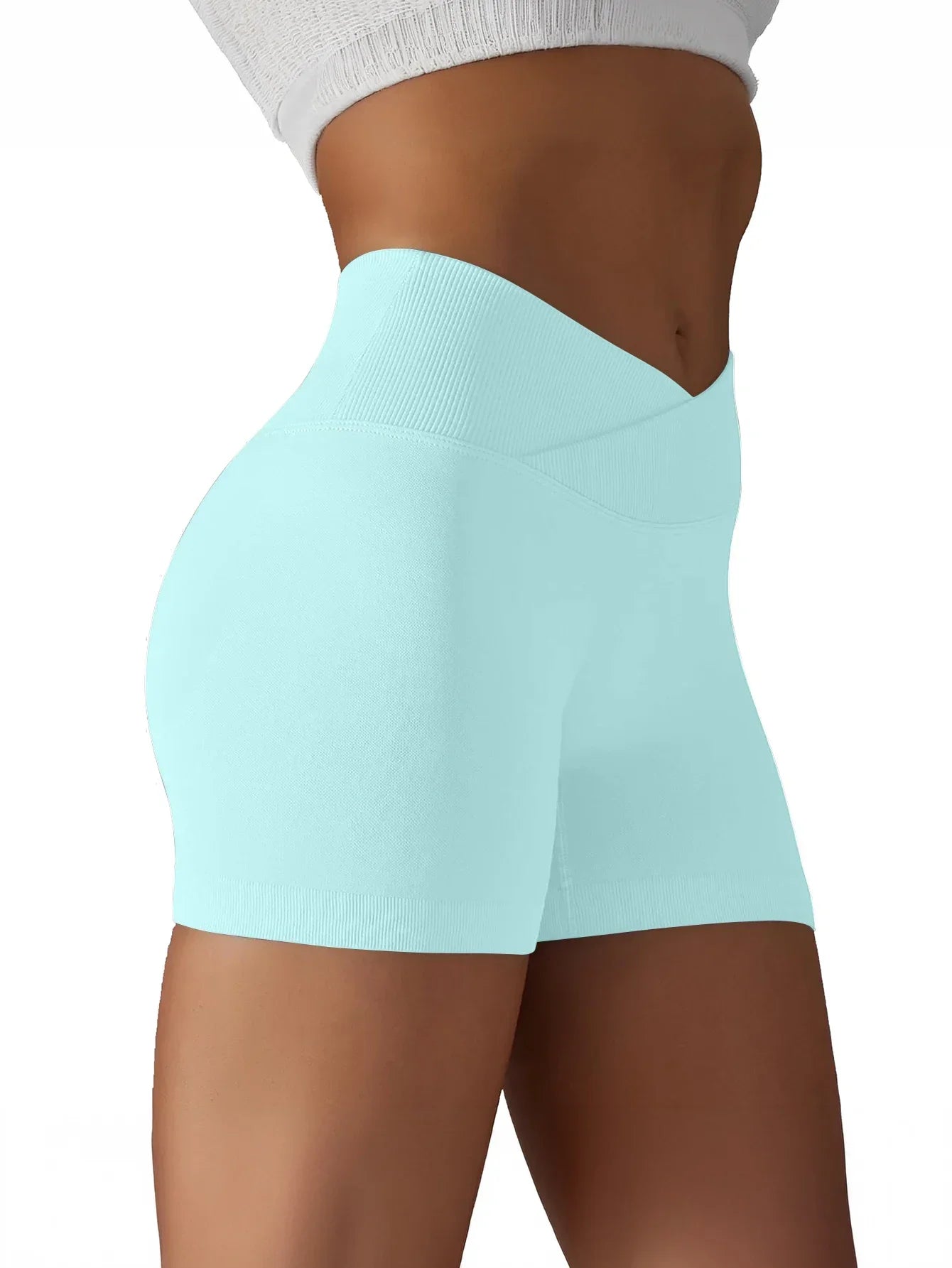 Women's Cross Waist High Waisted Ribbed Biker Shorts Running Gym