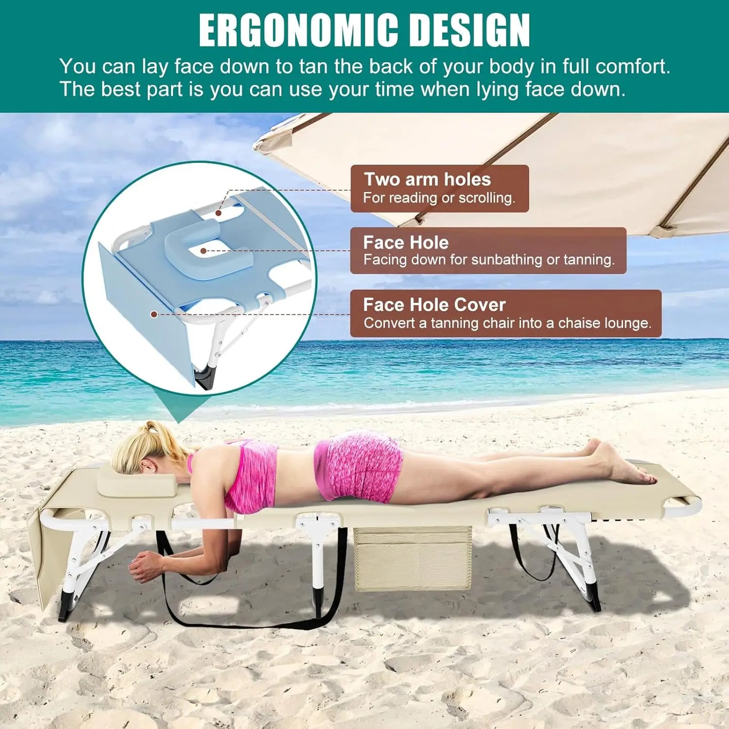 Heavy Duty XXL Tanning Chair With Face Hole And Mat Five Position Folding Lounge