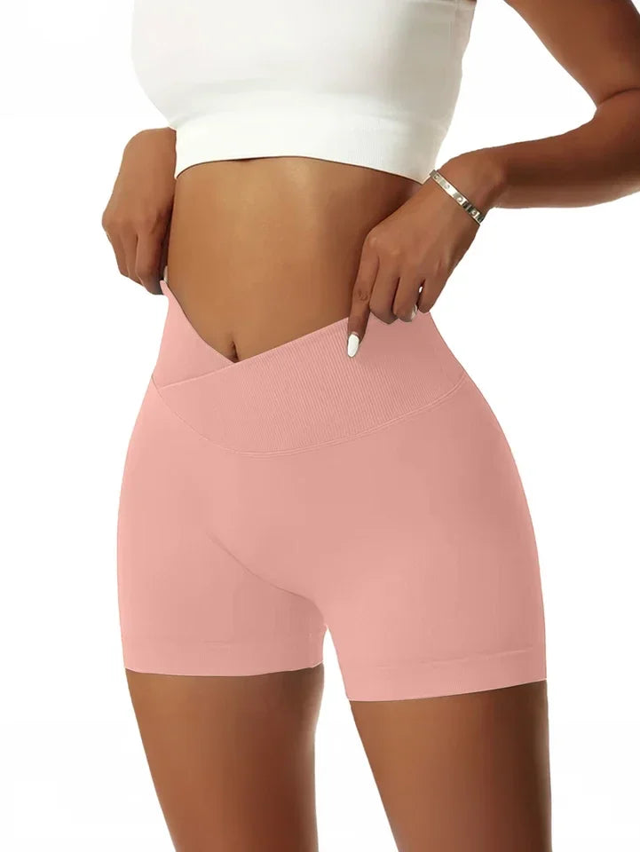 Women's Cross Waist High Waisted Ribbed Biker Shorts Running Gym