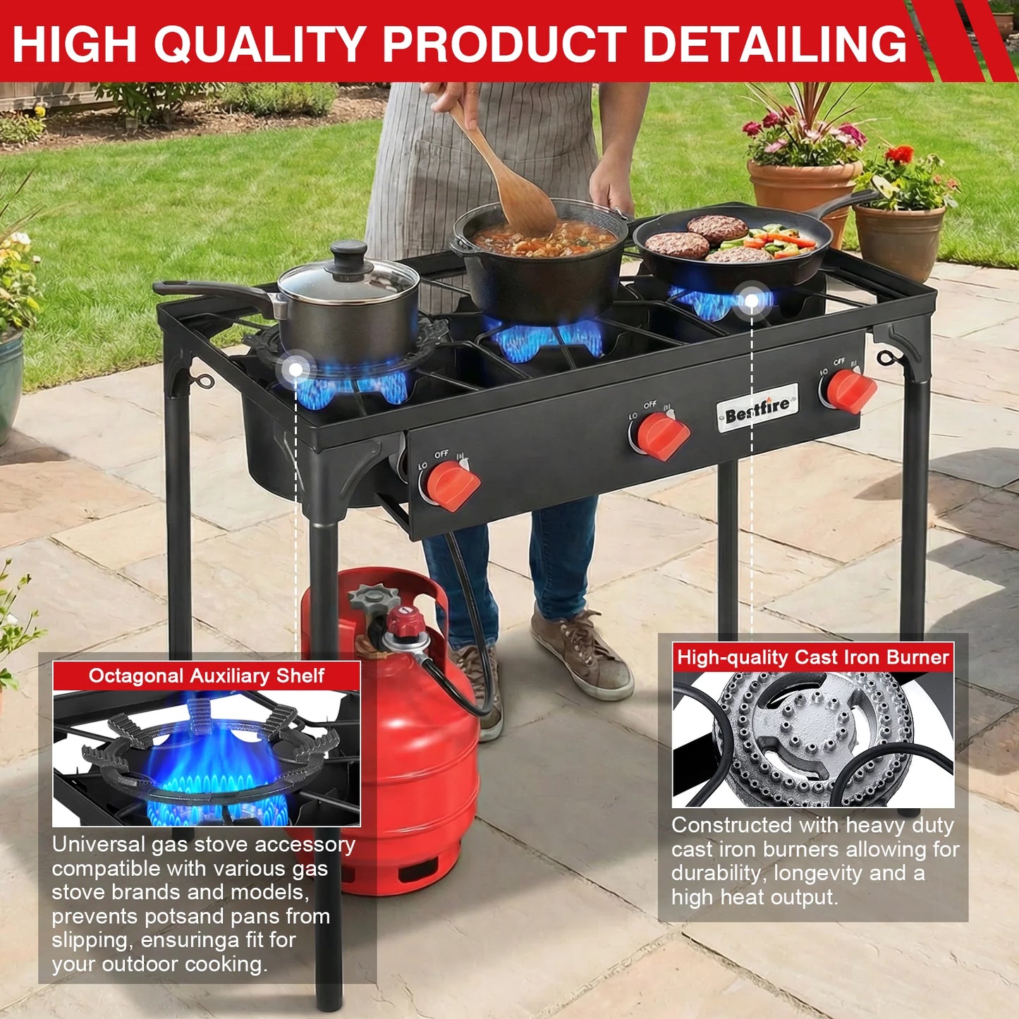 Three Burner Propane Camping Stove With Removable Legs