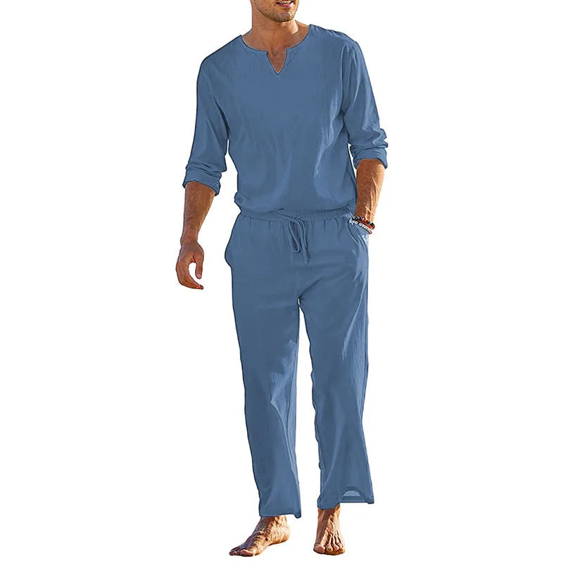 Mens Summer Cotton Linen Henley Shirt And Elastic Waist Pants 2 Piece Set