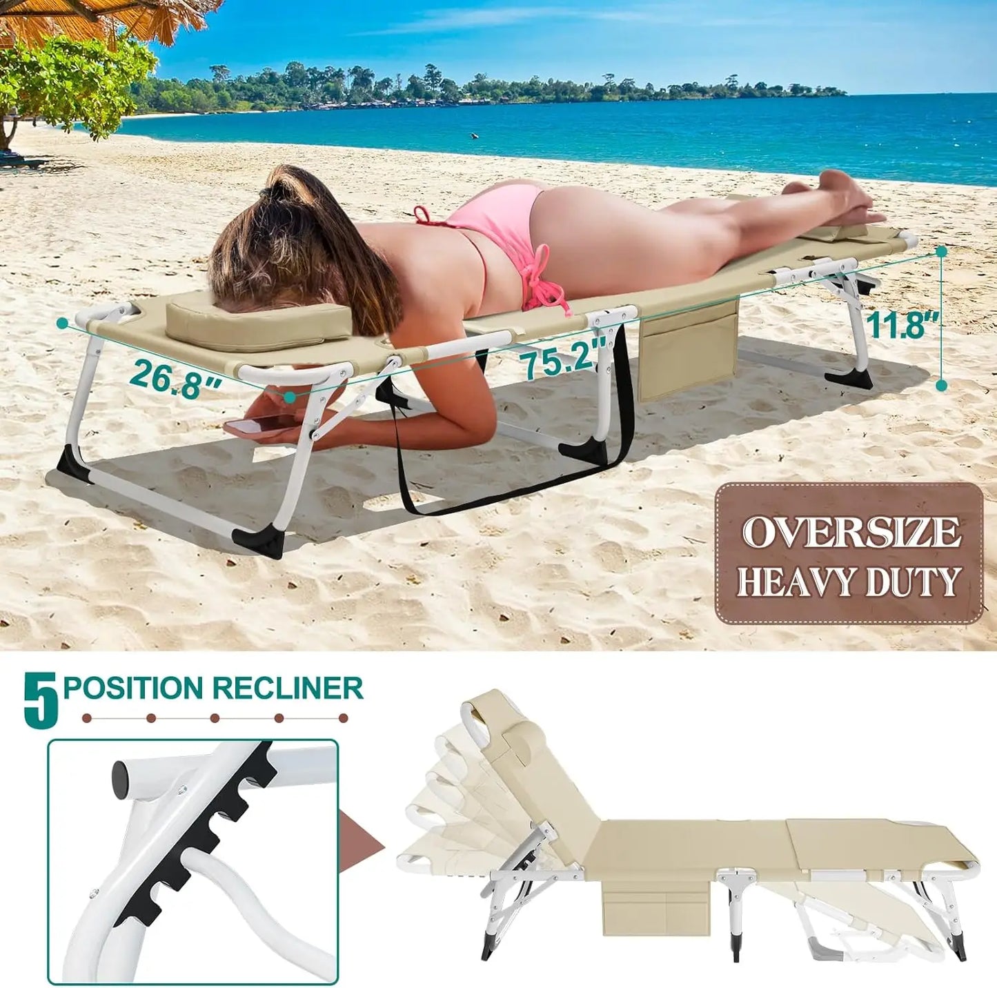 Heavy Duty XXL Tanning Chair With Face Hole And Mat Five Position Folding Lounge