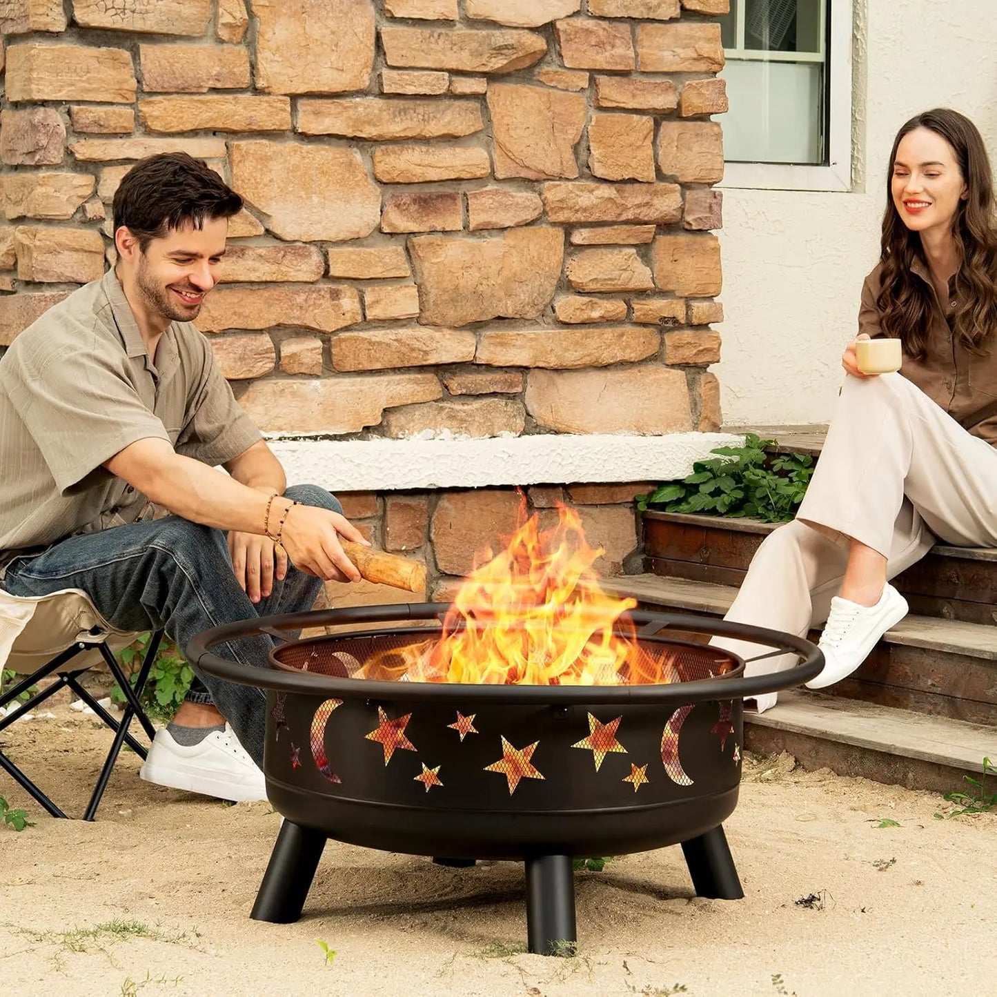 Round Fire Pit With Mesh Cover Star Moon Design Outdoor