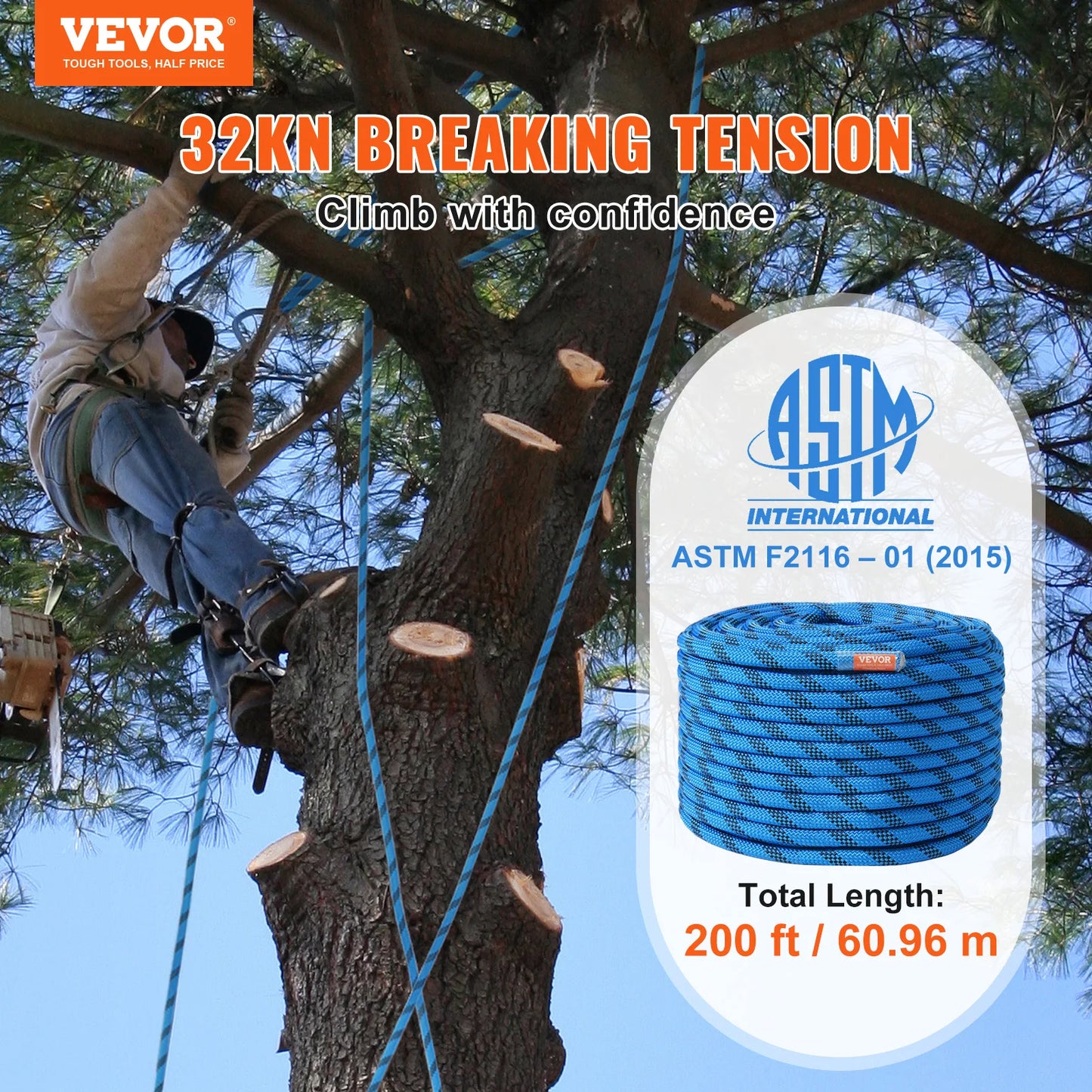 VEVOR Static Climbing Rope 30 KN Break Strength Steel Hooks