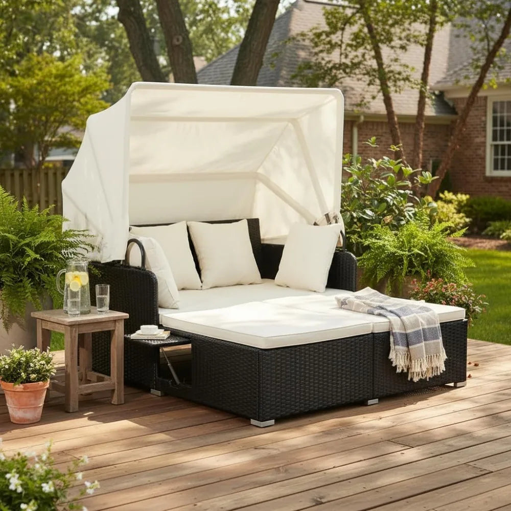 XMSJ Patio Rattan Daybed With Retractable Canopy And Side Tables