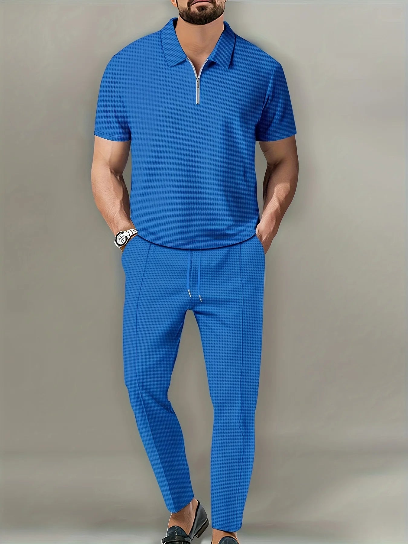 Men's Solid Color Waffle Lapel Zipper Set Long Pants Casual