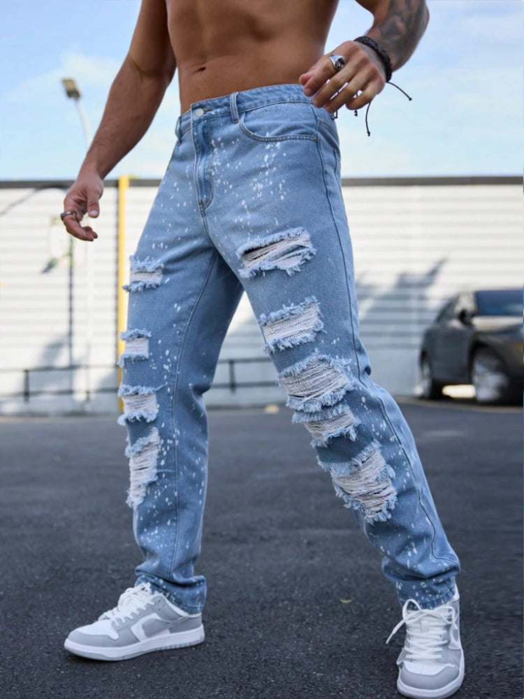 Men's Ink Splattered Ripped Jeans Street Style Hip Hop Pants