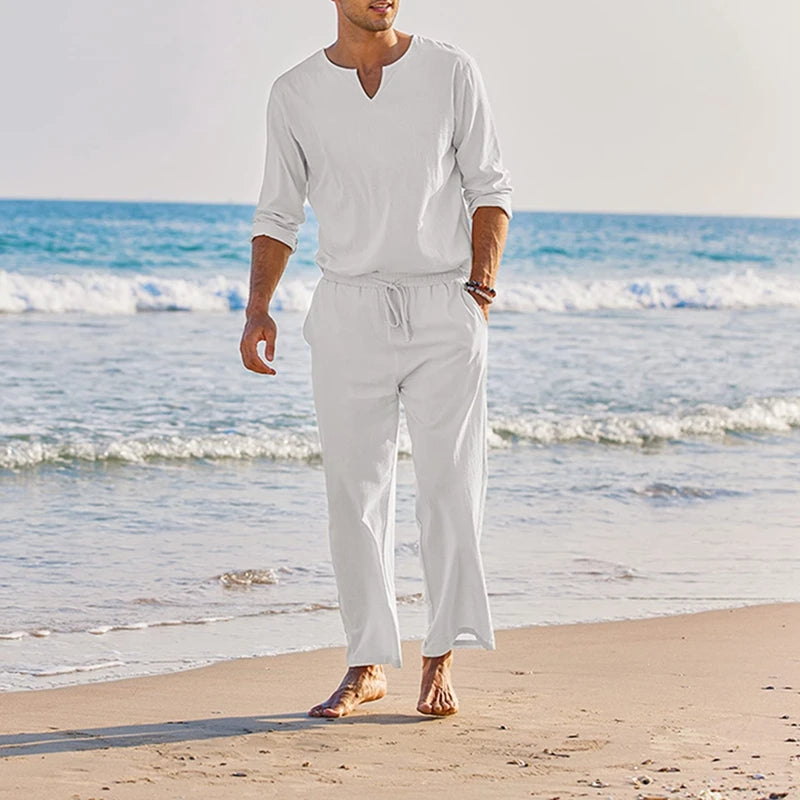 Mens Summer Cotton Linen Henley Shirt And Elastic Waist Pants 2 Piece Set