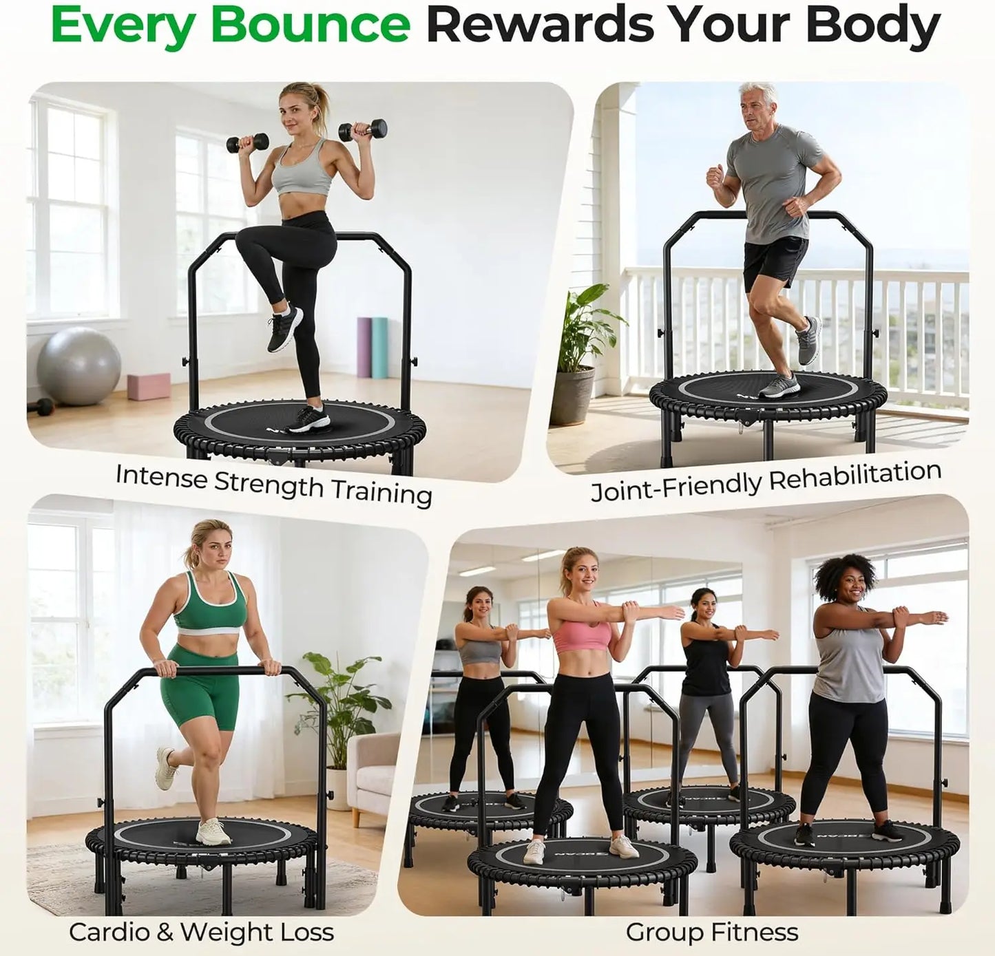 BCAN 450LBS Mini Rebounder Trampoline With Adjustable Handle