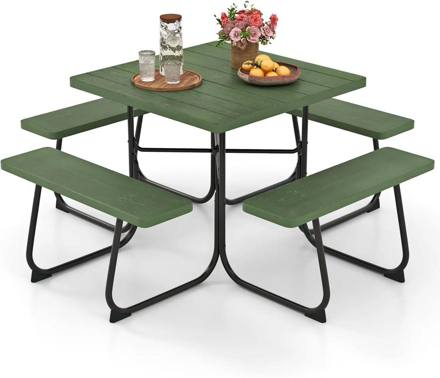 XMSJ Square Picnic Table Bench Set With Umbrella Hole Outdoor Patio