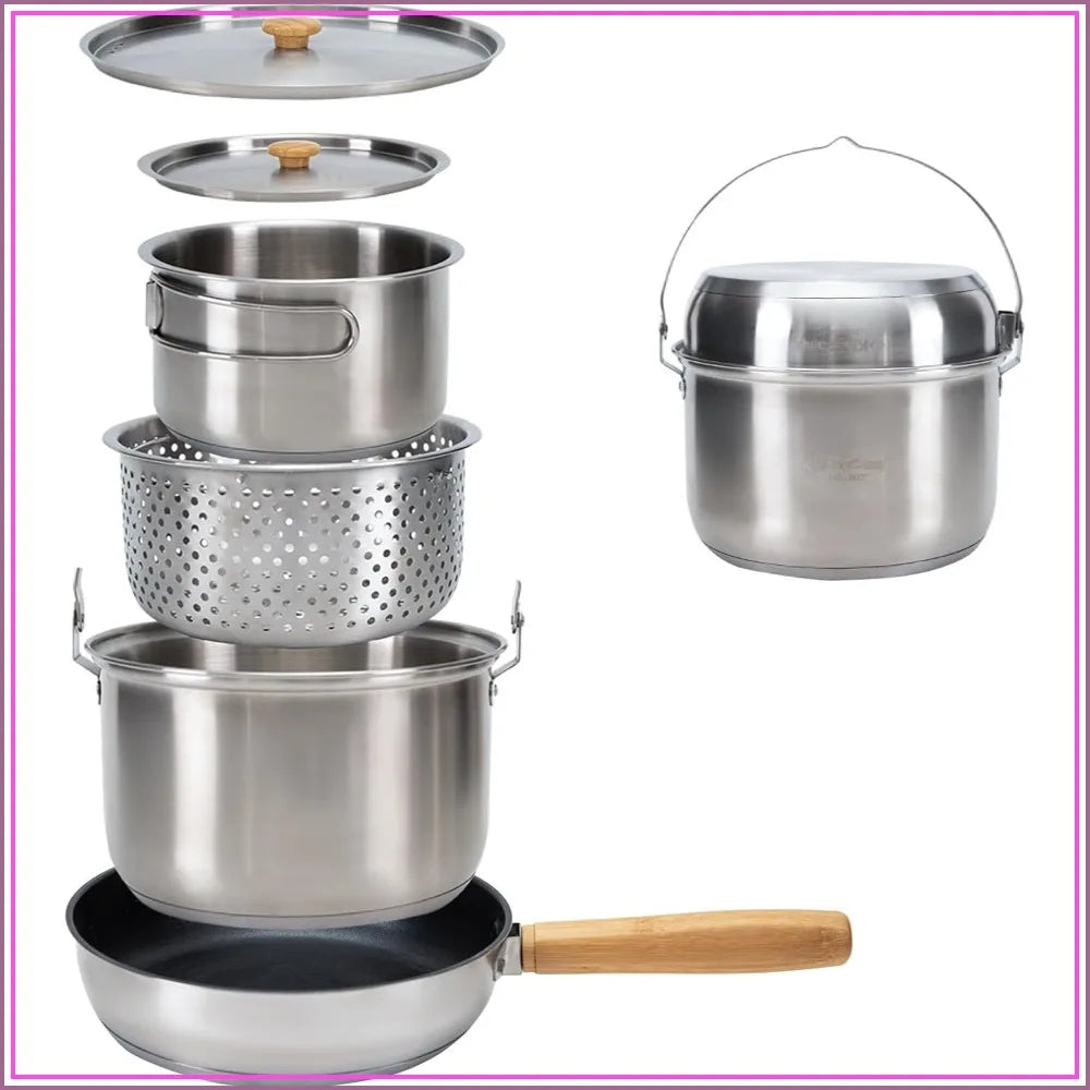 304 Stainless Steel Camping Cookware Set With Travel Tote Bag