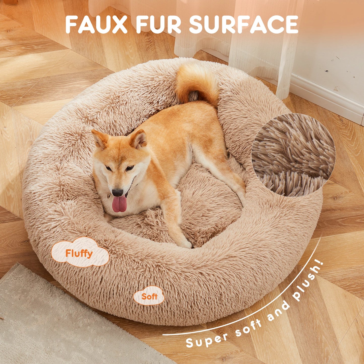 JHK Calming Dog Bed Anti-Slip Plush Faux Fur For Dogs