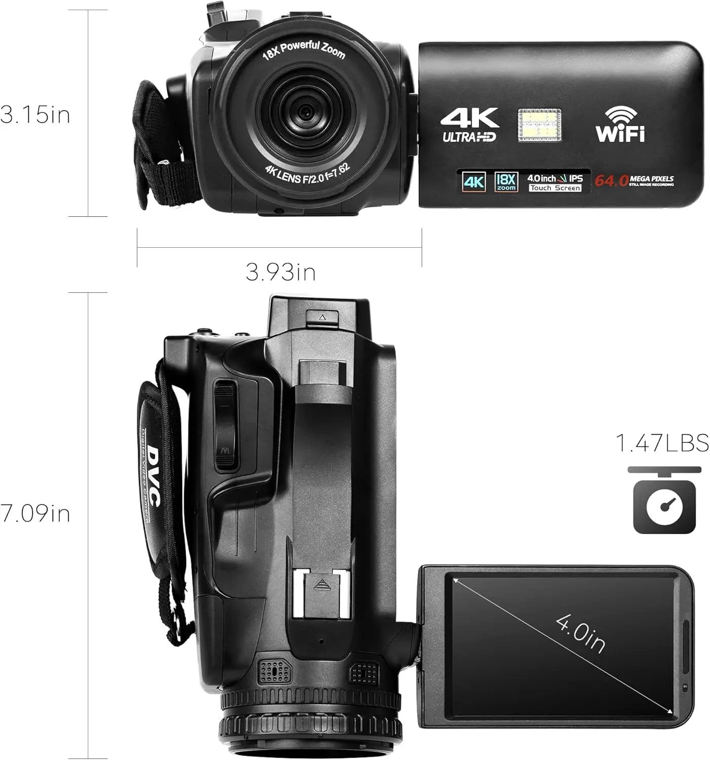 4K Ultra HD Camcorder 18X Digital Zoom And 64MP Sensor